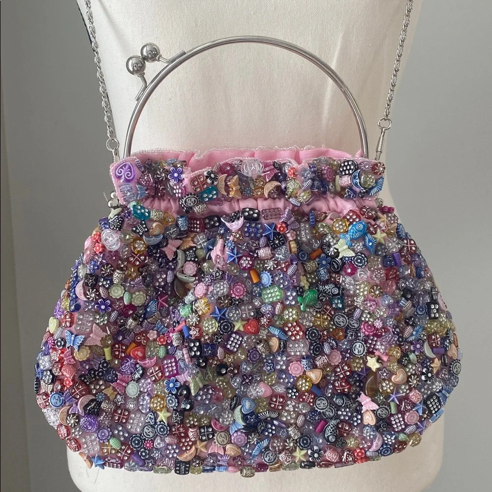 Vintage La Viola fun beaded crossbody handbag kiss closure pink sateen quirky - Picture 2 of 13